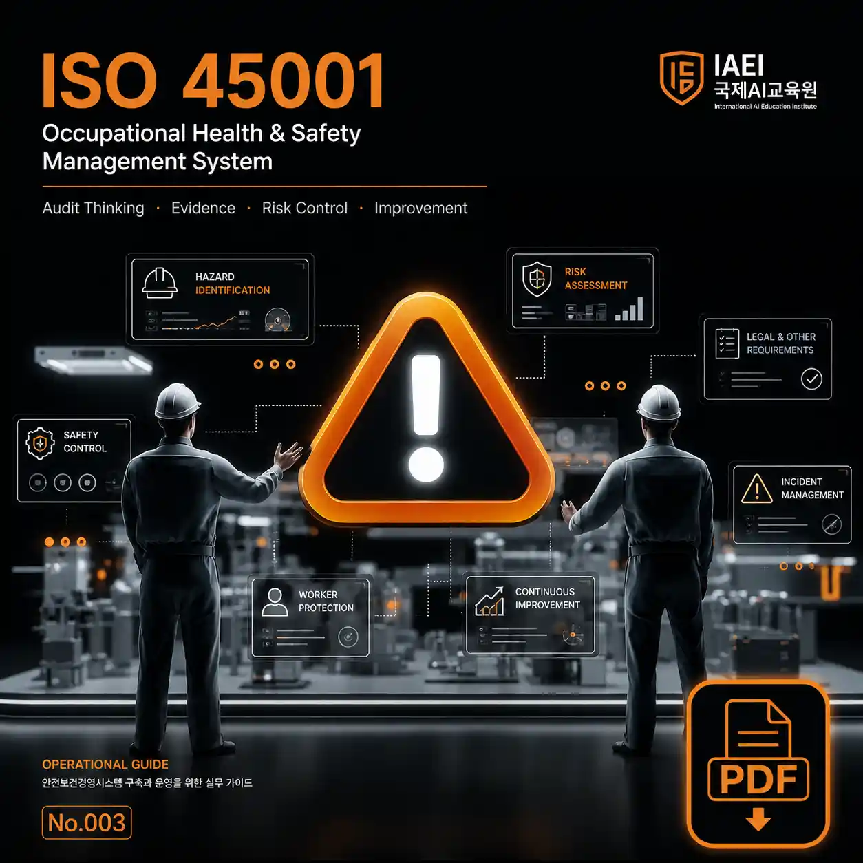 ISO 45001 안전보건 리더십과 위험 감지 가이드 PDF 표지 - Clause 5.1 리더십, 5.4 근로자 참여, 6.1.2 리스크 인식, 10.2 시정 및 학습
