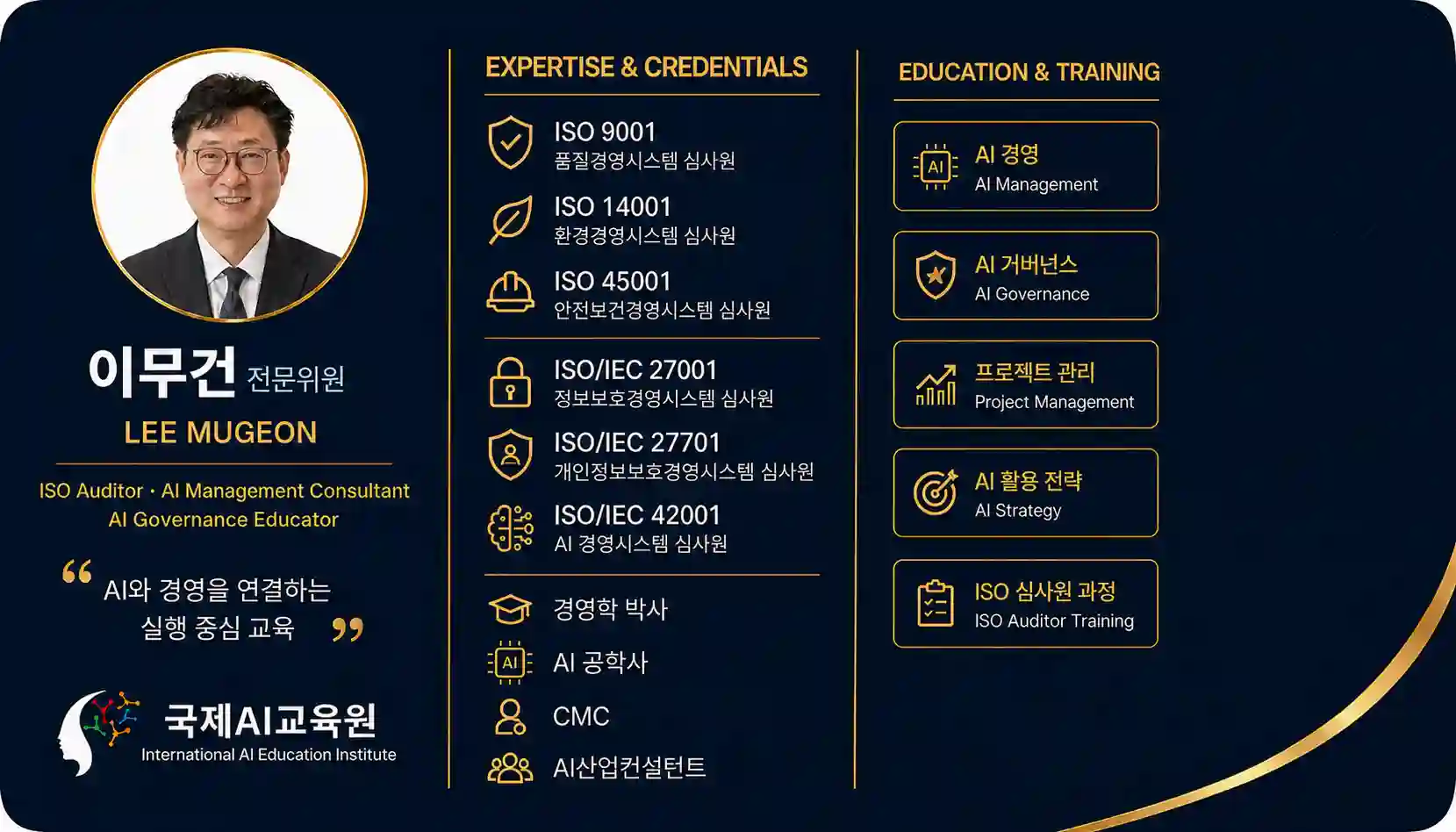 이무건 국제AI교육원 전문위원의 ISO 심사원 및 AI 경영 컨설팅 전문 분야