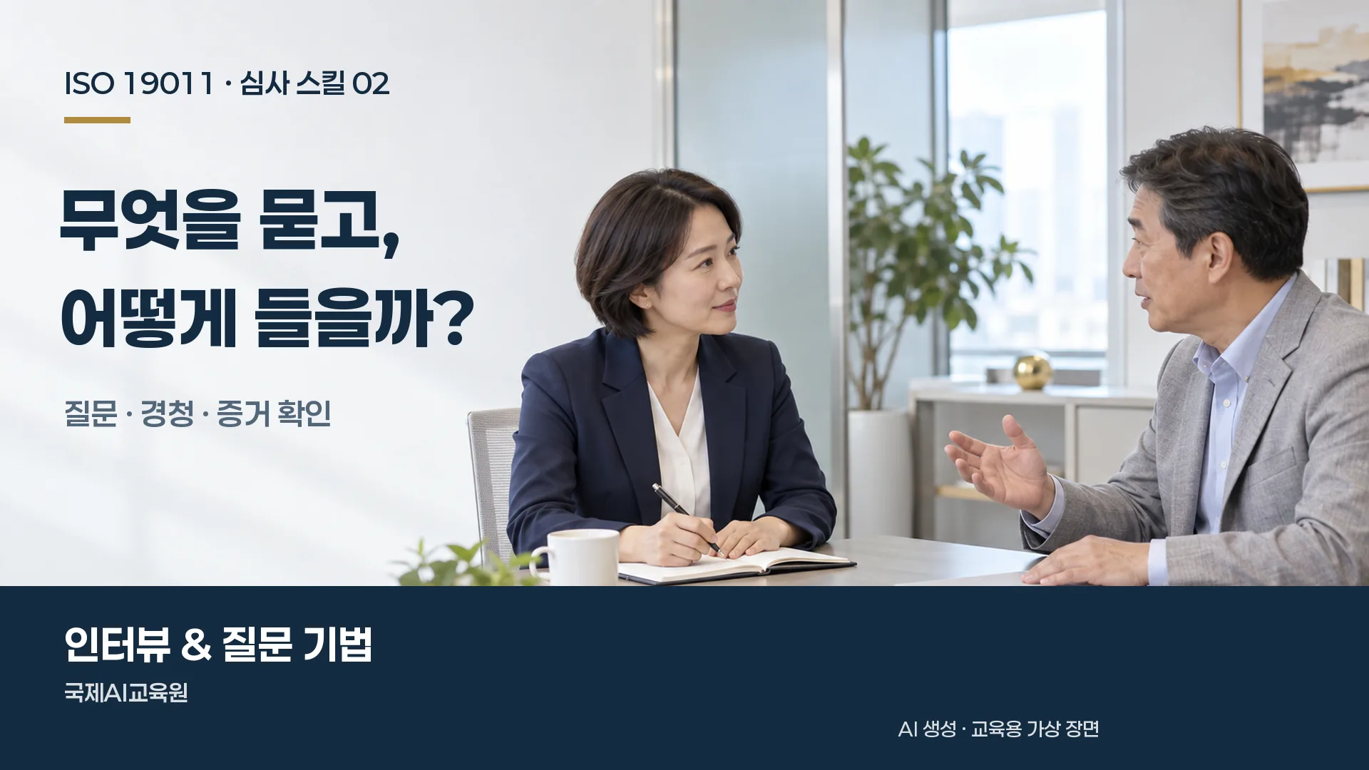 심사원이 담당자의 설명을 듣고 노트에 기록하는 ISO 19011 인터뷰 교육용 가상 장면