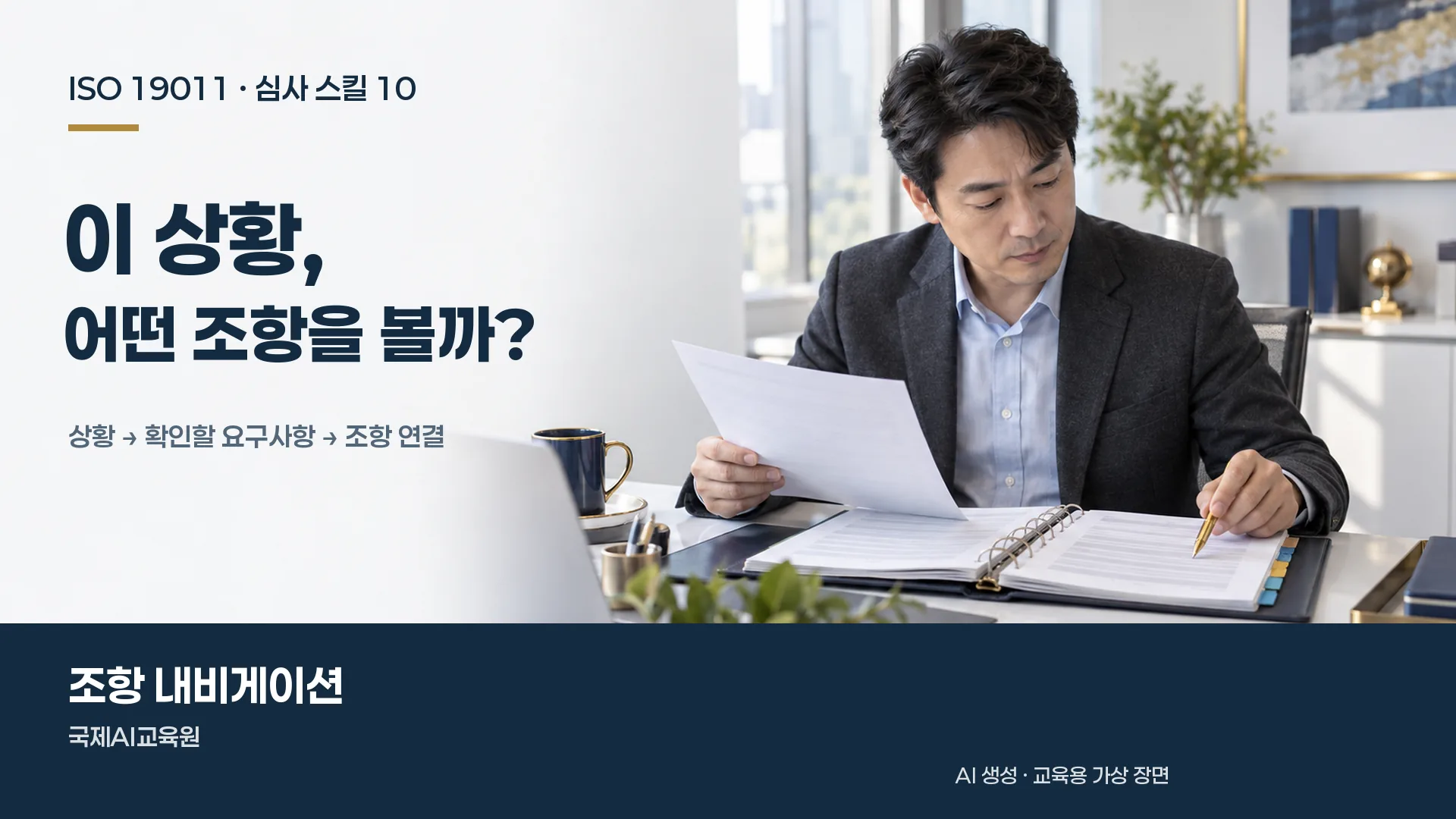 심사원이 상황 기록과 색인 탭이 있는 참고 자료를 대조하는 교육용 가상 장면