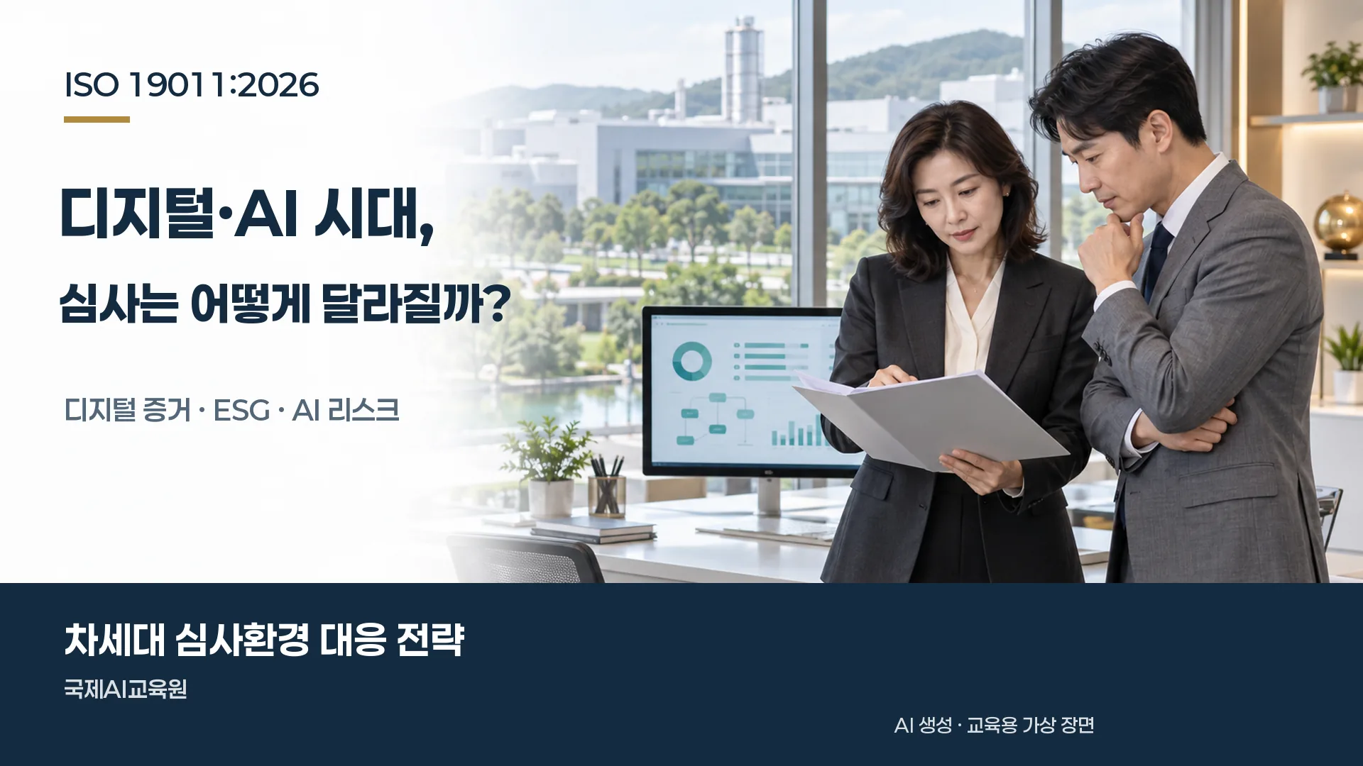 두 전문가가 디지털 자료가 표시된 모니터 옆에서 문서를 함께 검토하는 교육용 가상 장면