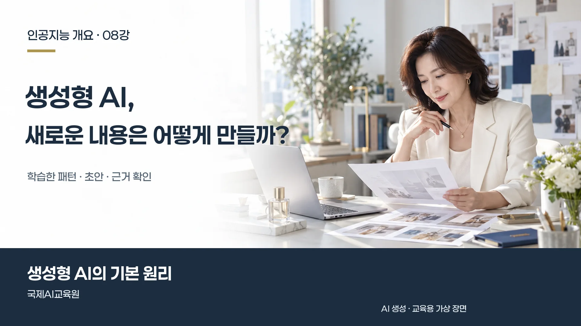 인공지능 개요 8강, 담당자가 노트북 옆에서 생성된 초안과 자료를 검토하는 장면.